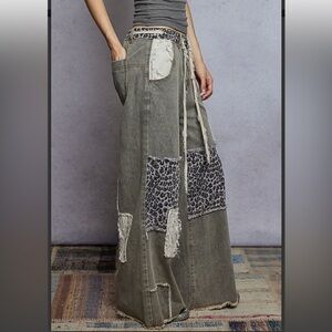 POL Olive Green Patchwork Wide-Leg Pants with Leopard Panels
